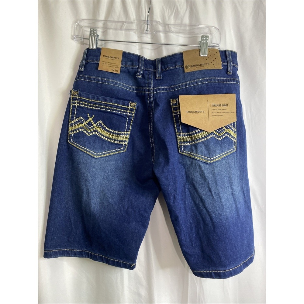 Rags &‎ Rivets Straight Short Mens W30 Dark Indigo NEW Stretch Denim Embroidered